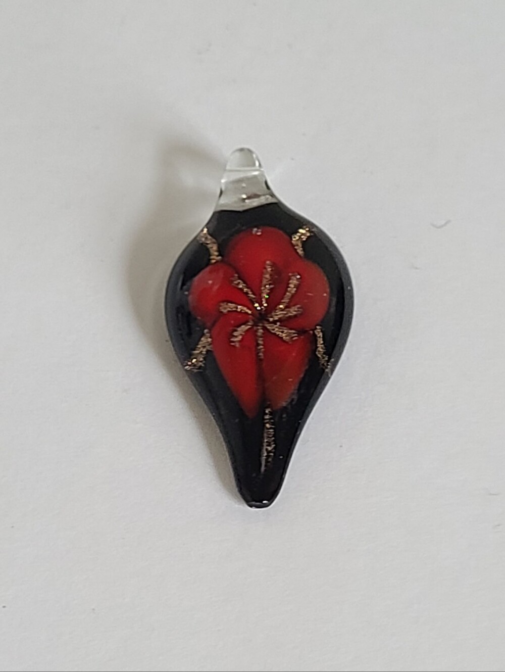 Vintage Murano Glass Teardrop Handcrafted Red Black Flower Glitter Long Pendant
